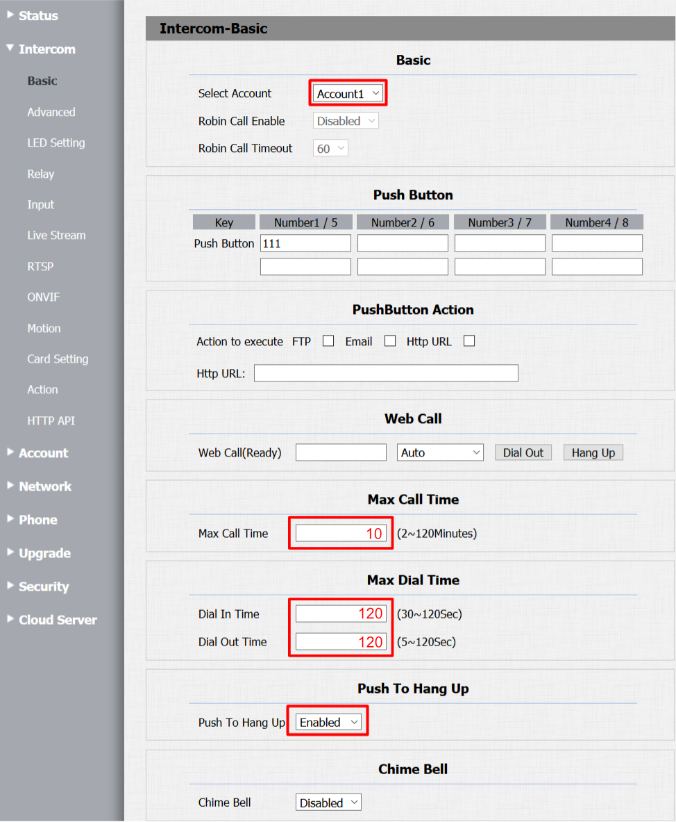 Alap intercom-beállítások