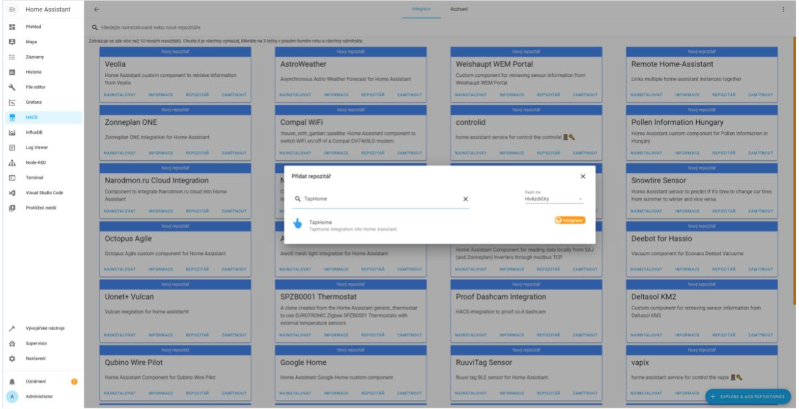 Snímek rozhraní HACS