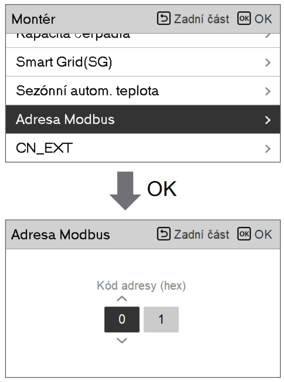 Nastavení adresy Modbus na vnitřní jednotce