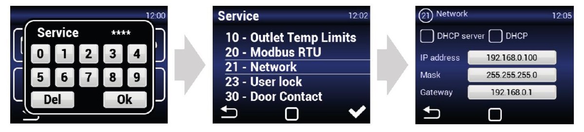 Servisné menu AirGENIO: Servis (kód 1616) → 21 - Network → nastavenia DHCP, IP adresa, Mask, Gateway