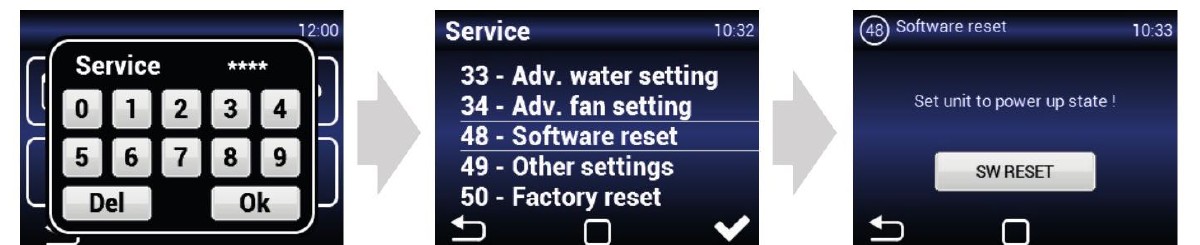Servisné menu AirGENIO: Servis (kód 1616) → 48 - Software reset → potvrdenie SW RESET