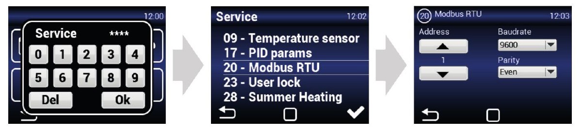 Servisné menu AirGENIO: Servis (kód 1616) → 20 - Modbus RTU → nastavenia Address, Baudrate, Parity