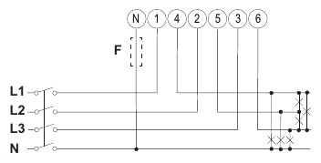Carlo Gavazzi EM340 — schéma zapojenia trojfázová 4-vodičová sústava