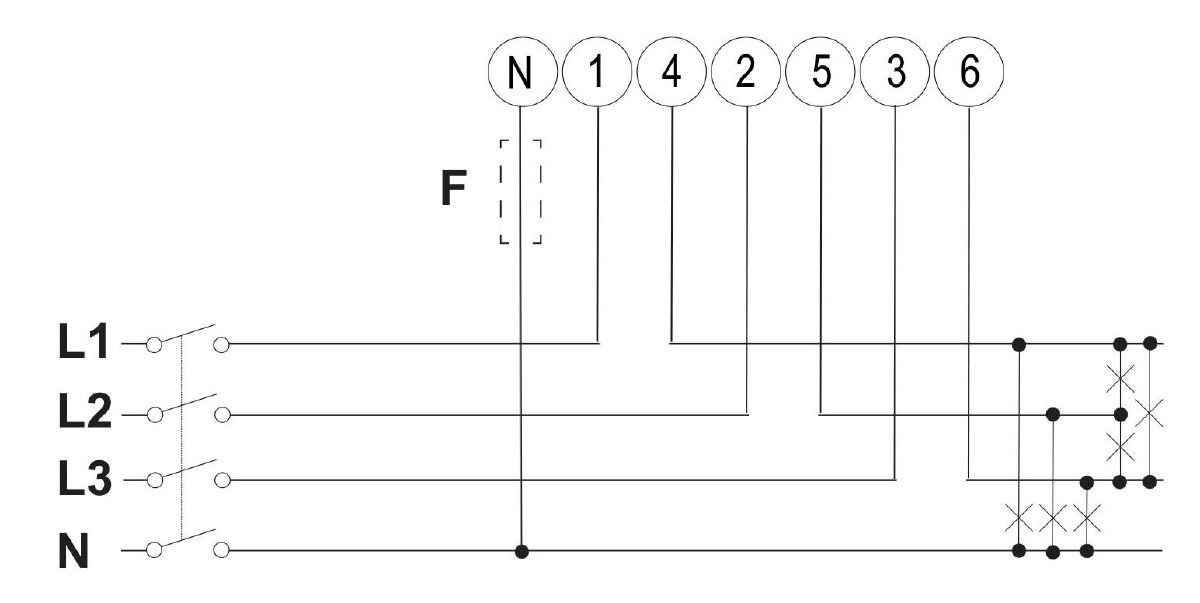 Carlo Gavazzi EM340 — schema di cablaggio trifase 4 fili