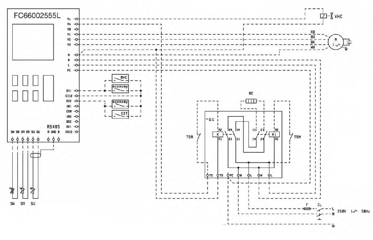 Schemat okablowania Daikin FWEC3 — konfiguracja 2-rurowa 3-prędkościowa z zaciskami RS-485