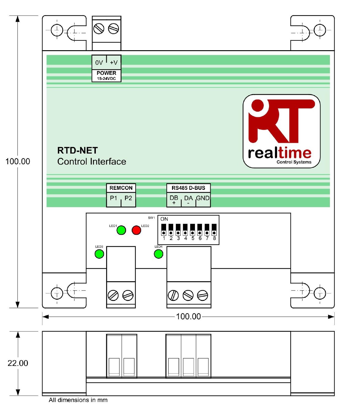 Rozloženie PCB Daikin RTD-NET zobrazujúce napájací konektor, terminály P1/P2 REMCON, terminály RS-485 D-BUS, DIP prepínač SW1 a stavové LED