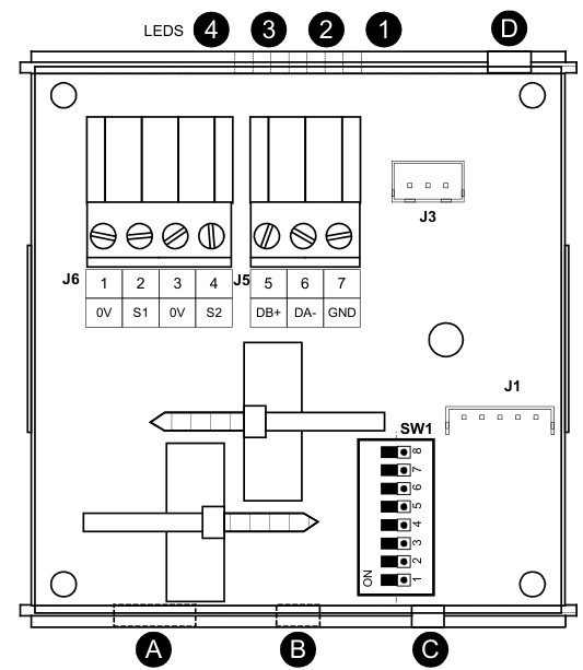 Daikin RTD-RA PCB component layout — SW1 DIP switches, J5 RS-485 connector, J6 inputs, J1 S21 cable, LEDs