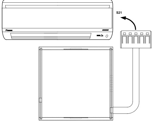 Daikin RTD-RA S21 connection — pre-fitted lead plugs directly into the S21 port on the indoor-unit PCB