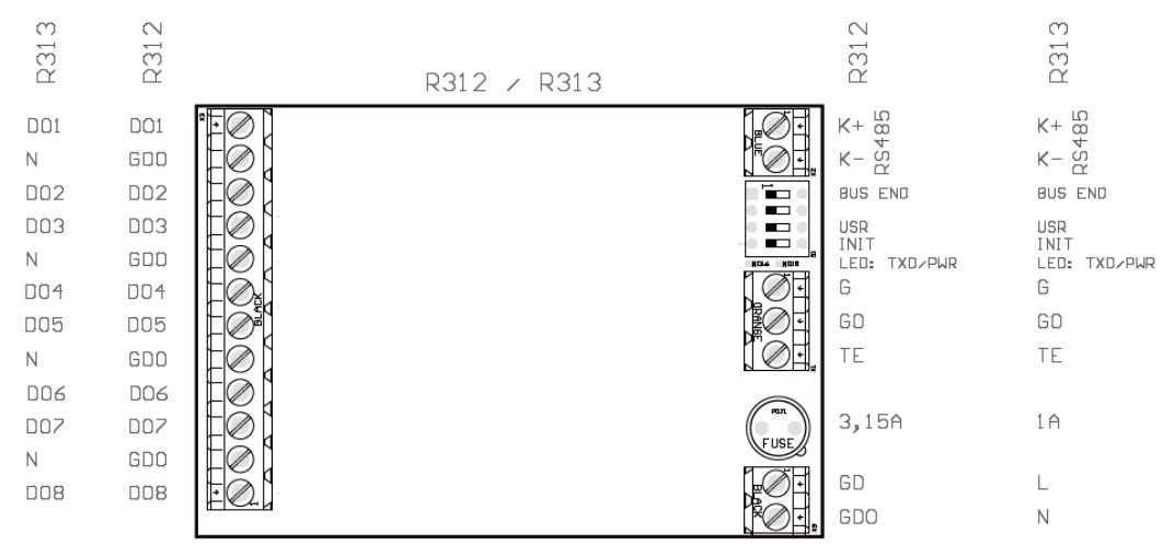 Domat R312/R313 przypisanie zacisków i układ PCB