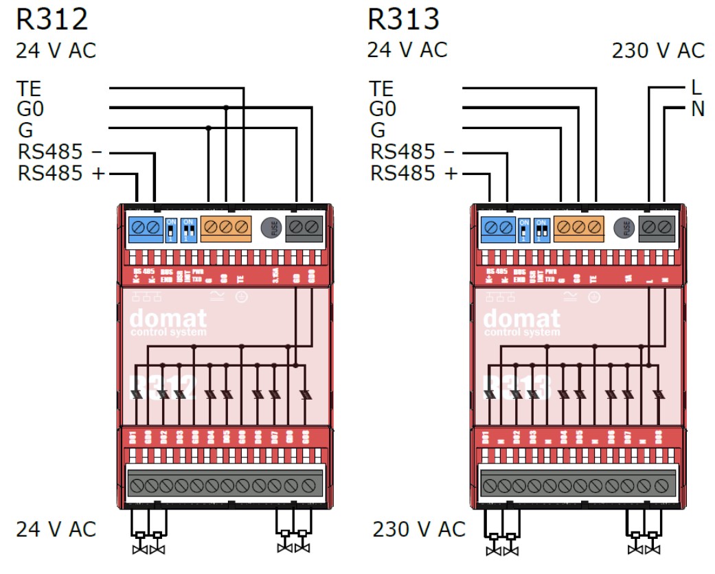 Domat R312 and R313 connection diagrams