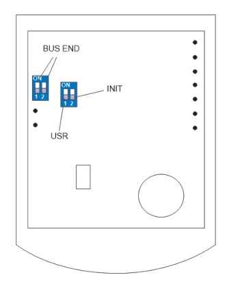 DIP přepínače na zadní straně DPS Domat UC100 a pokyny k instalaci