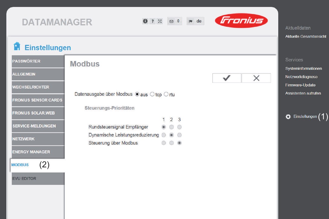 Webové rozhranie Fronius Datamanager — Settings > menu Modbus