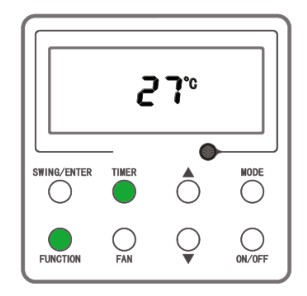 Drôtový ovládač Gree XK117 v stave VYP — podržte FUNCTION a TIMER pre vstup do nastavení