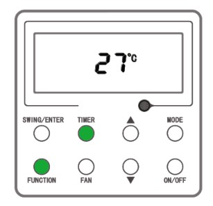 Drôtový ovládač Gree XK117 v stave VYP — podržte FUNCTION a TIMER pre vstup do nastavení