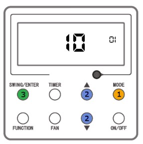 Drôtový ovládač Gree XK117 — výber 10. parametra s hodnotou 01 a potvrdenie cez SWING/ENTER