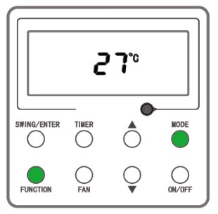 Drôtový ovládač Gree XK117 v stave VYP — podržte FUNCTION a MODE pre nastavenie adresy