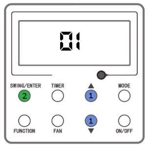 Drôtový ovládač Gree XK117 — výber adresy jednotky a potvrdenie cez SWING/ENTER