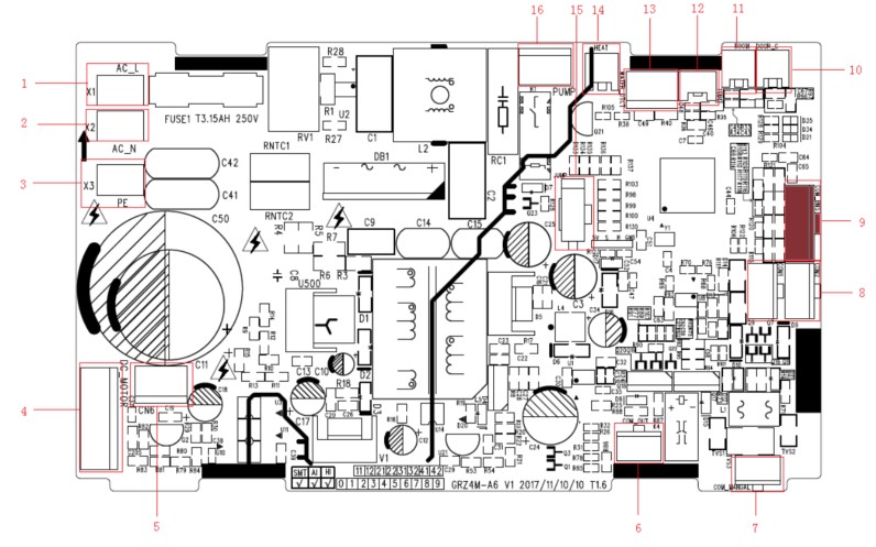 Doska potrubnej vnútornej jednotky Gree — umiestnenie zásuvky COM-BMS pre pripojenie Modbus Gateway