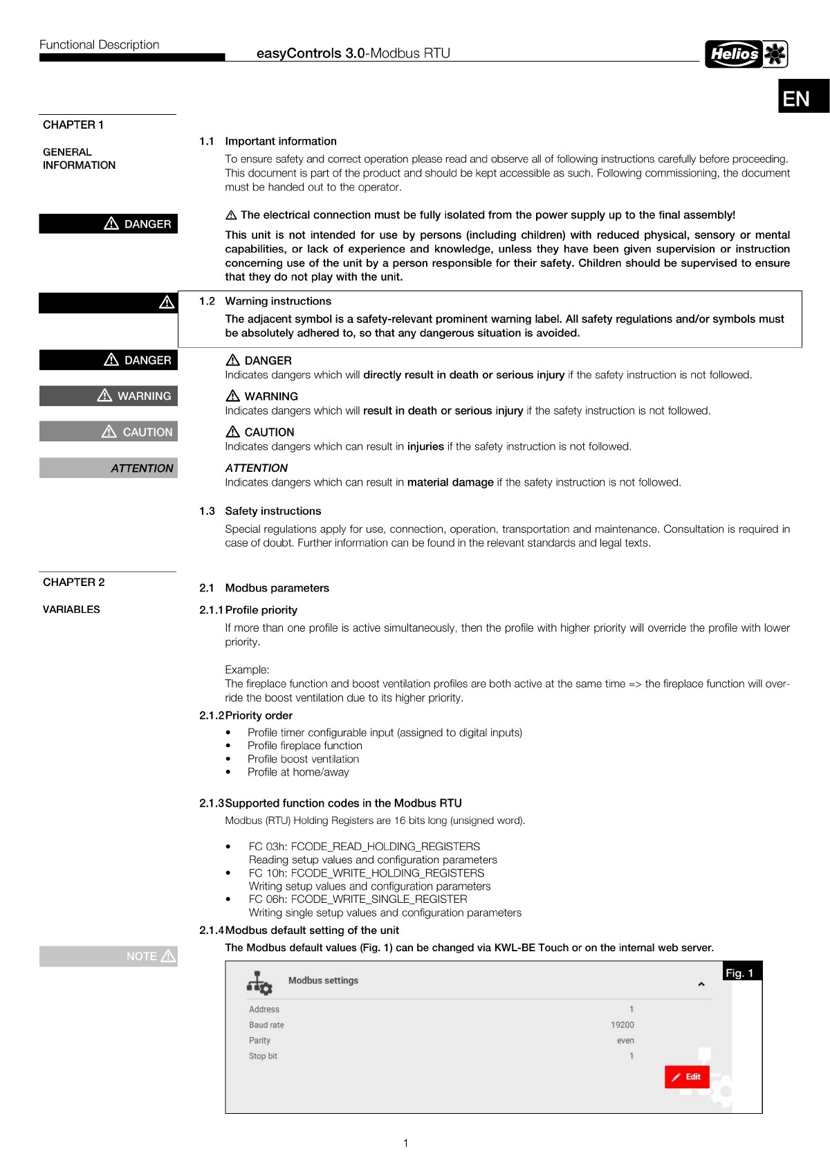 Obrazovka nastavení Modbus na Helios easyControls 3.0 — adresa, prenosová rýchlosť, parita a stop bit