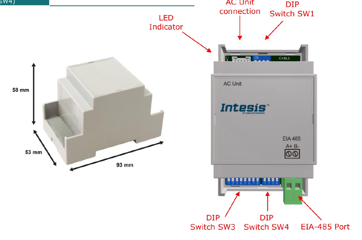 PA-AC-MBS-1 front view — AC unit connection, LED indicator, DIP switches SW1/SW3/SW4, and EIA-485 port