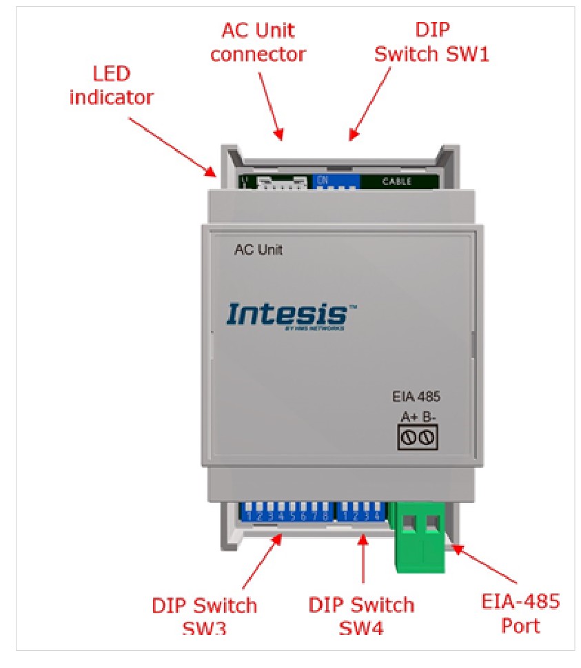 IntesisBOX DK-AC-MBS-1 gateway layout — DIP switch locations (SW1, SW3, SW4), LED indicators, connectors