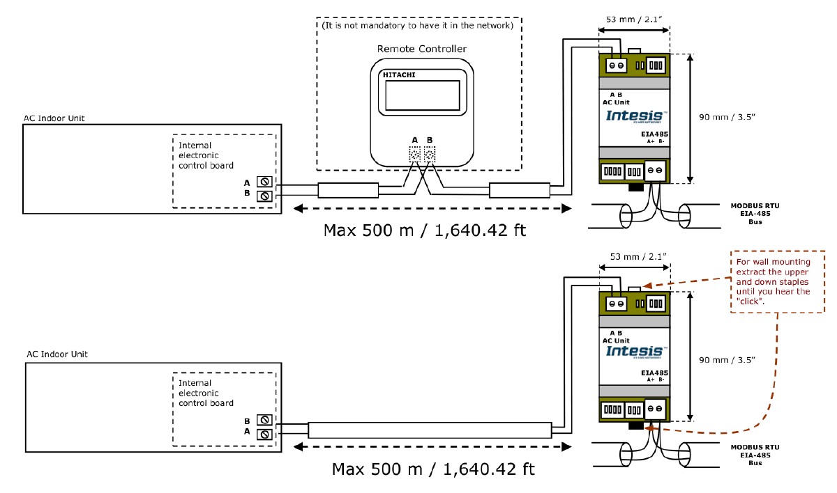 IntesisBOX HI-RC-MBS-1 AB-bus connection diagram — Slave installation in parallel with the Hitachi wired remote controller, and Master installation as the sole controller