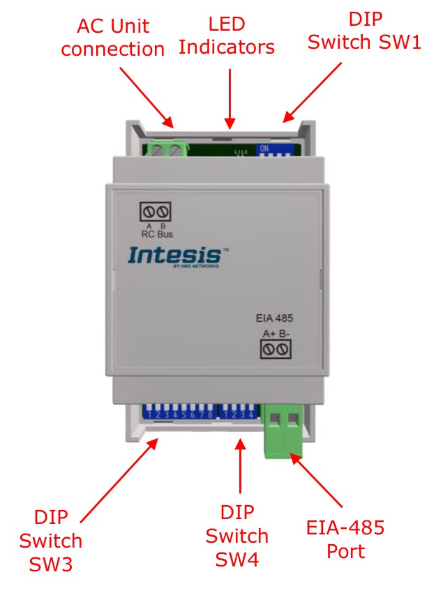 IntesisBOX HS-RC-MBS-1 connector and DIP-switch layout — AC unit AB connection, EIA-485 port, SW1/SW3/SW4 DIP switches and L1/L2 LED indicators