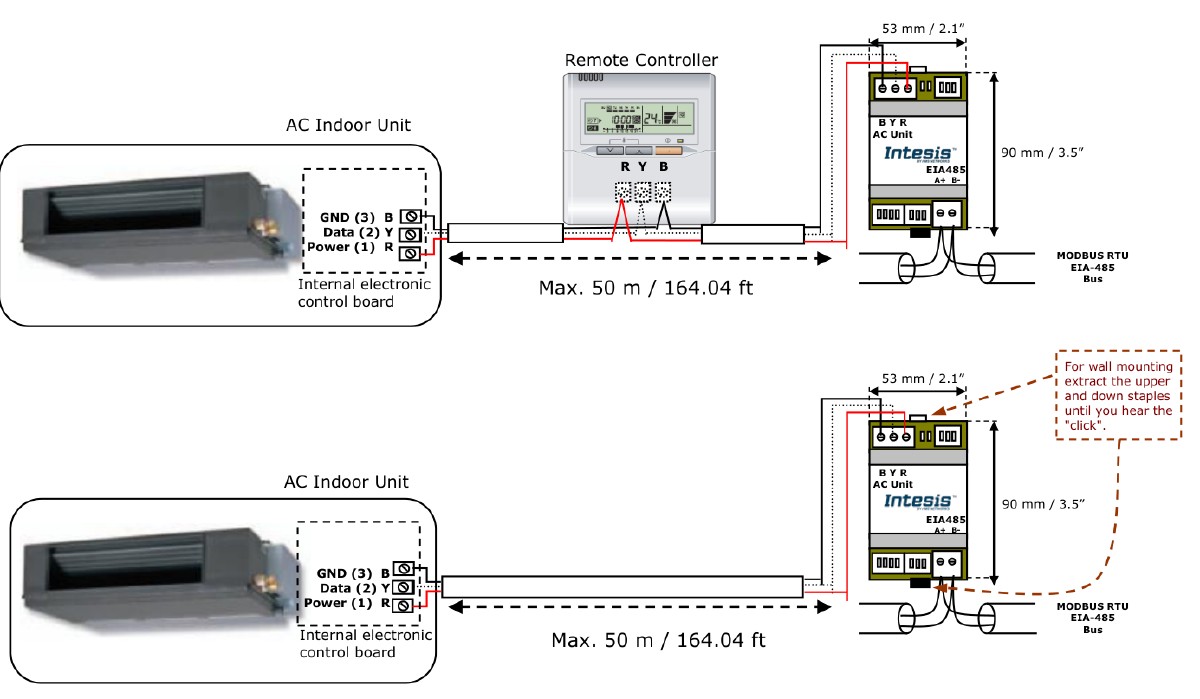 IntesisBOX LG-RC-MBS-1 BYR-bus connection diagram — gateway in parallel with LG wired remote controller (Slave) and gateway as sole controller (Master)