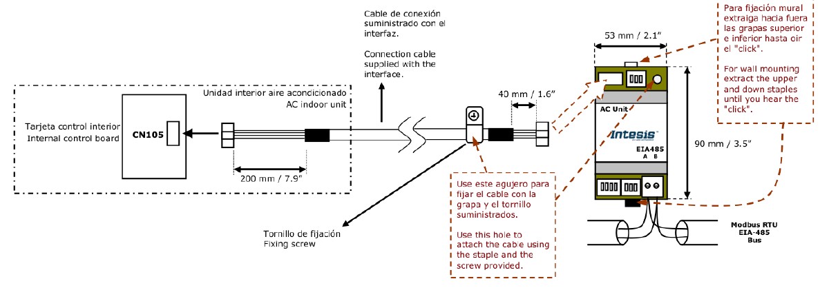 IntesisBOX ME-AC-MBS-1 wall-mount installation detail — CN105 cable routing, fixing screw and staple locations on the gateway housing