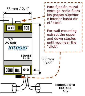 IntesisBOX MH-RC-MBS-1 installation sheet — wiring diagram, physical layout, and installation instructions
