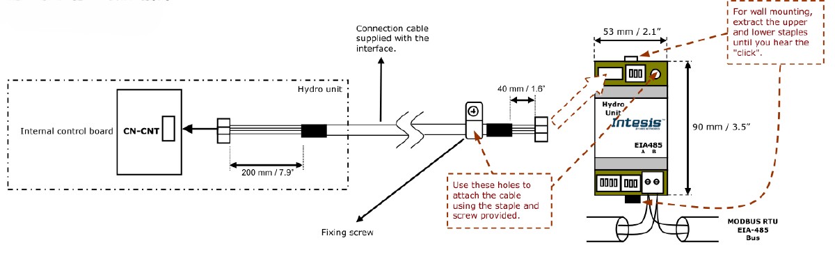 IntesisBOX INMBSPAN001A000 connection diagram — CN-CNT cable to Hydro unit and EIA-485 bus wiring