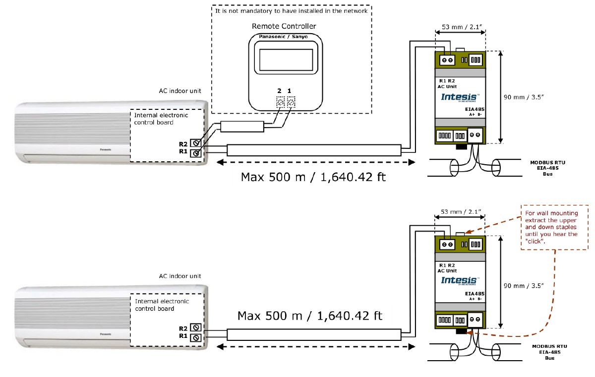 IntesisBOX PA-RC2-MBS-1 connection diagram — AC unit and EIA-485 bus