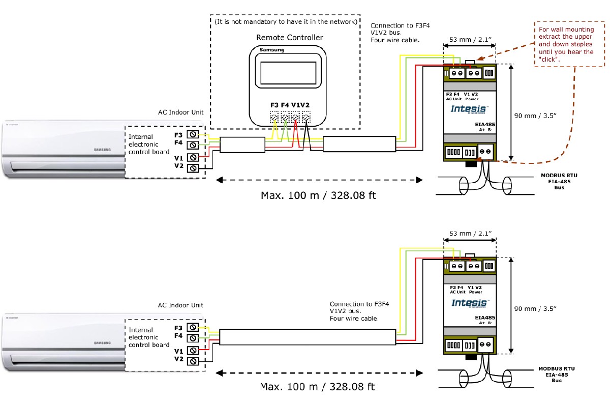 IntesisBOX INMBSSAM001R000 connection diagram — AC indoor unit, gateway, and Modbus RTU bus
