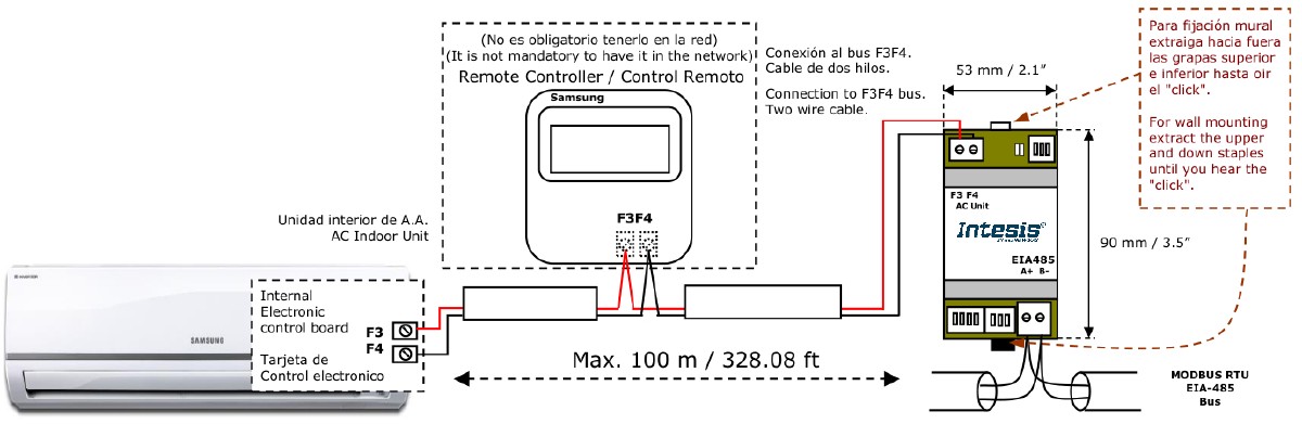 IntesisBOX SM-RC2-MBS-1 connection diagram — Samsung F3/F4 bus and EIA-485 Modbus bus