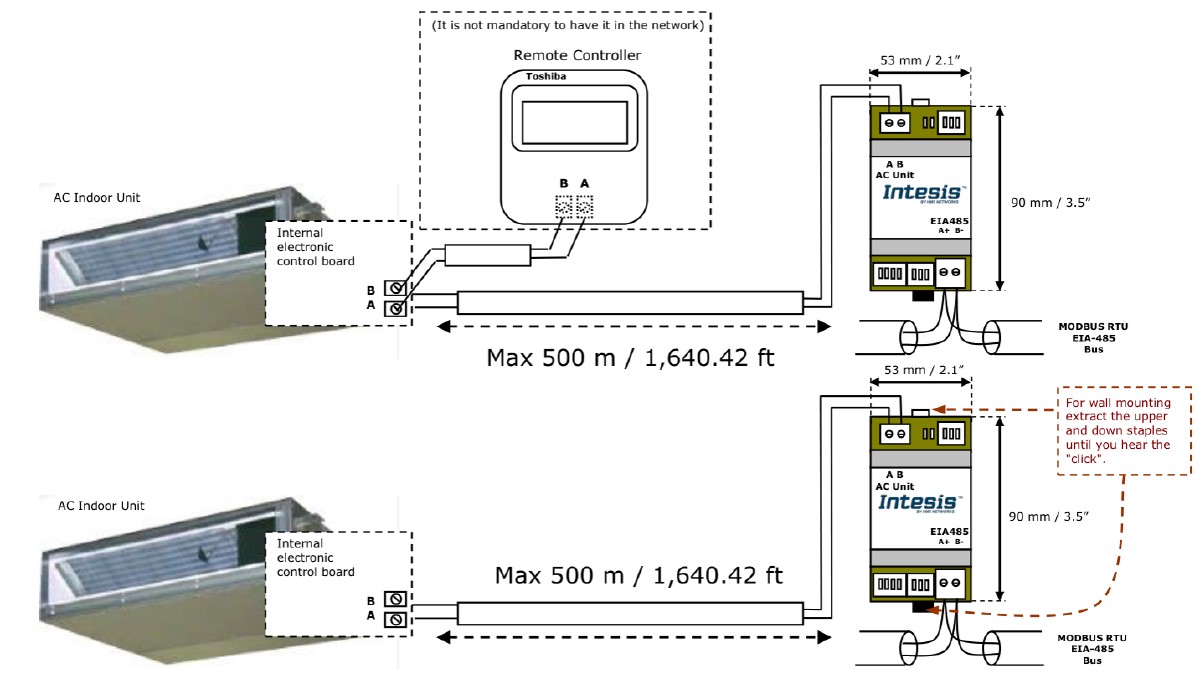 IntesisBOX TO-RC-MBS-1 connection diagram — Toshiba AB bus and EIA-485 Modbus RTU