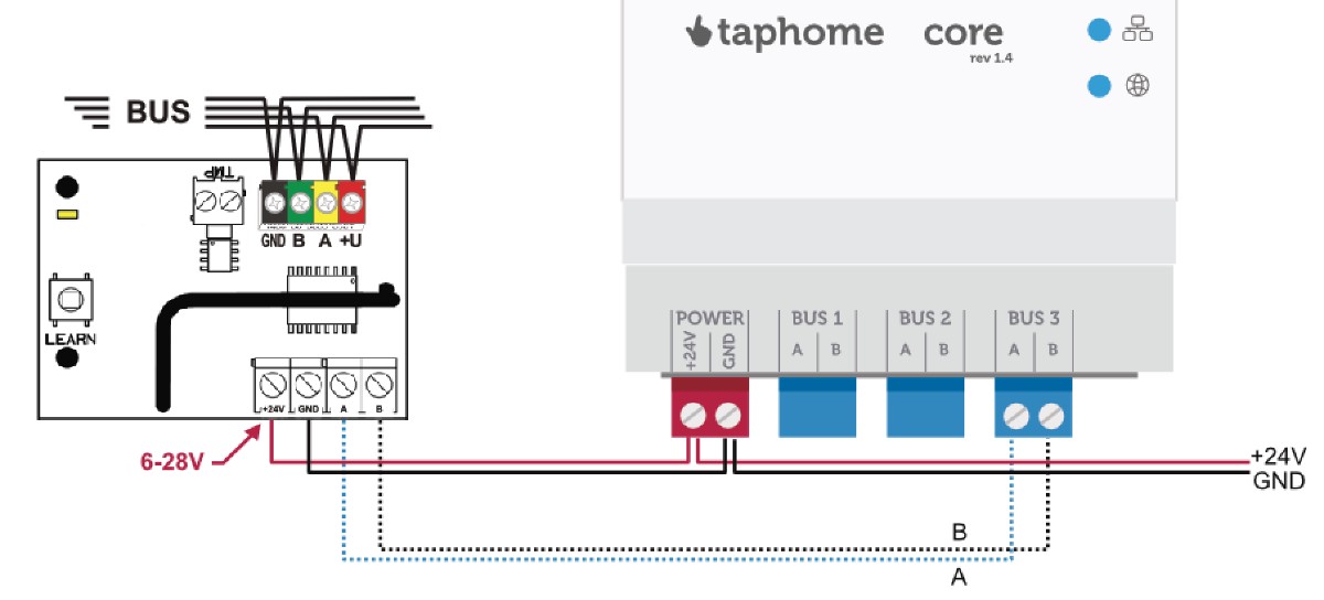 Wiring diagram — JA-121T to TapHome Core over RS485 (Terminal 3), no GND connection