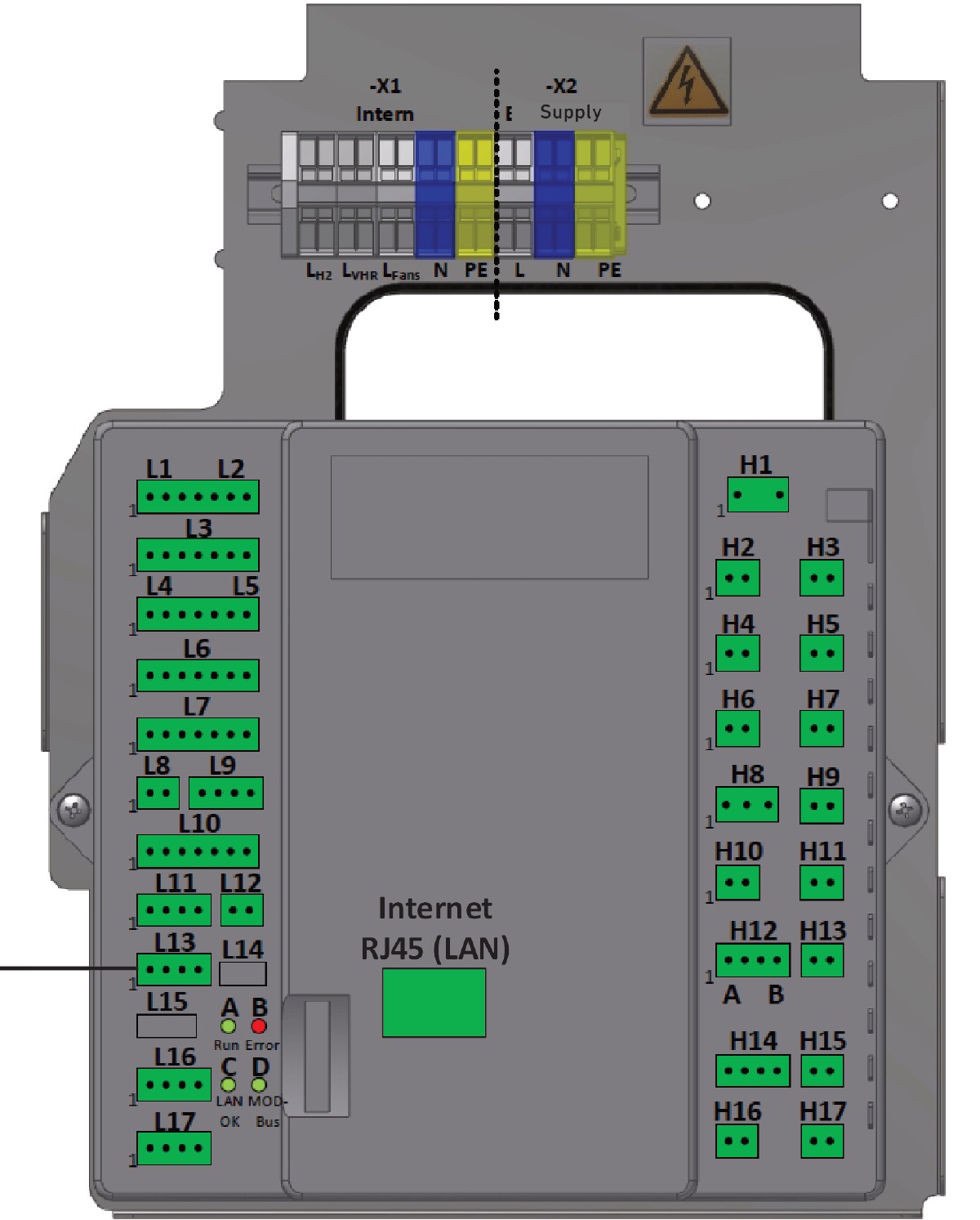 Pichler LG 350 control PCB connector layout showing L1-L14 and H1-H13 connectors