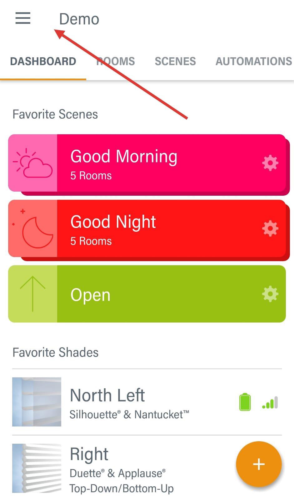 PowerView app dashboard — open the side menu
