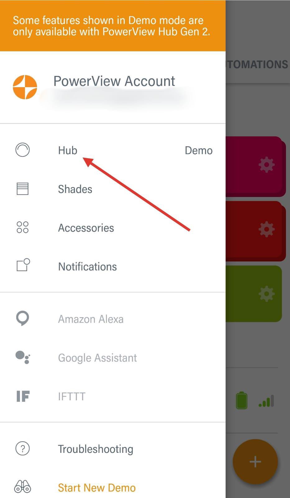 PowerView app side menu — Hub entry