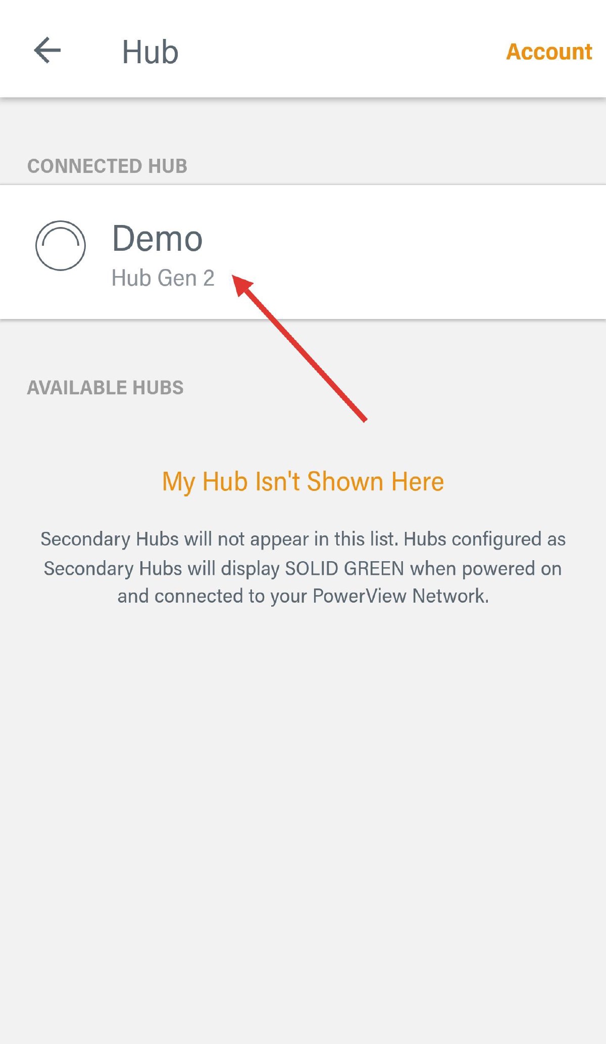 PowerView app — list of hubs