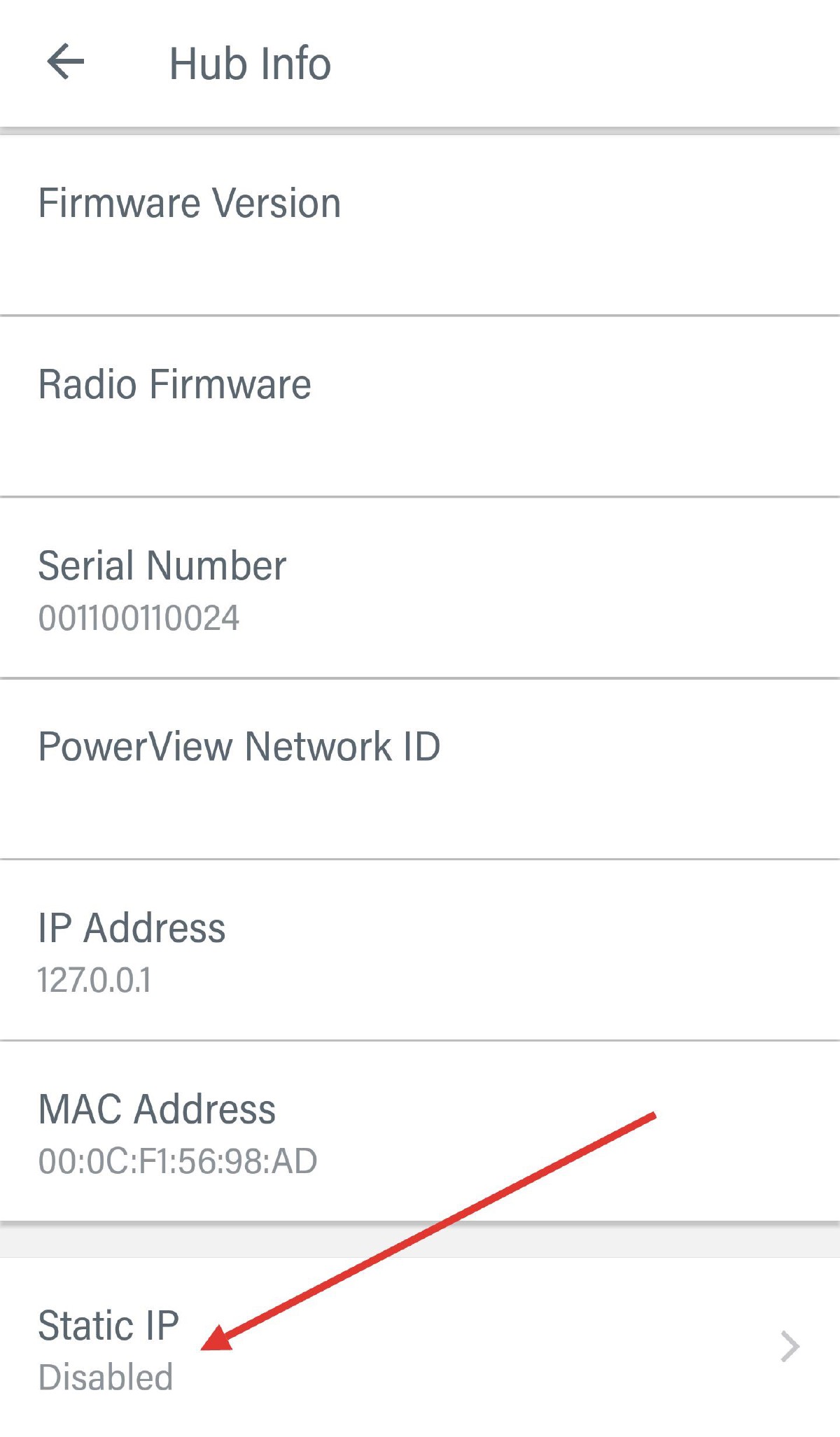 PowerView app Hub Info screen — Static IP entry
