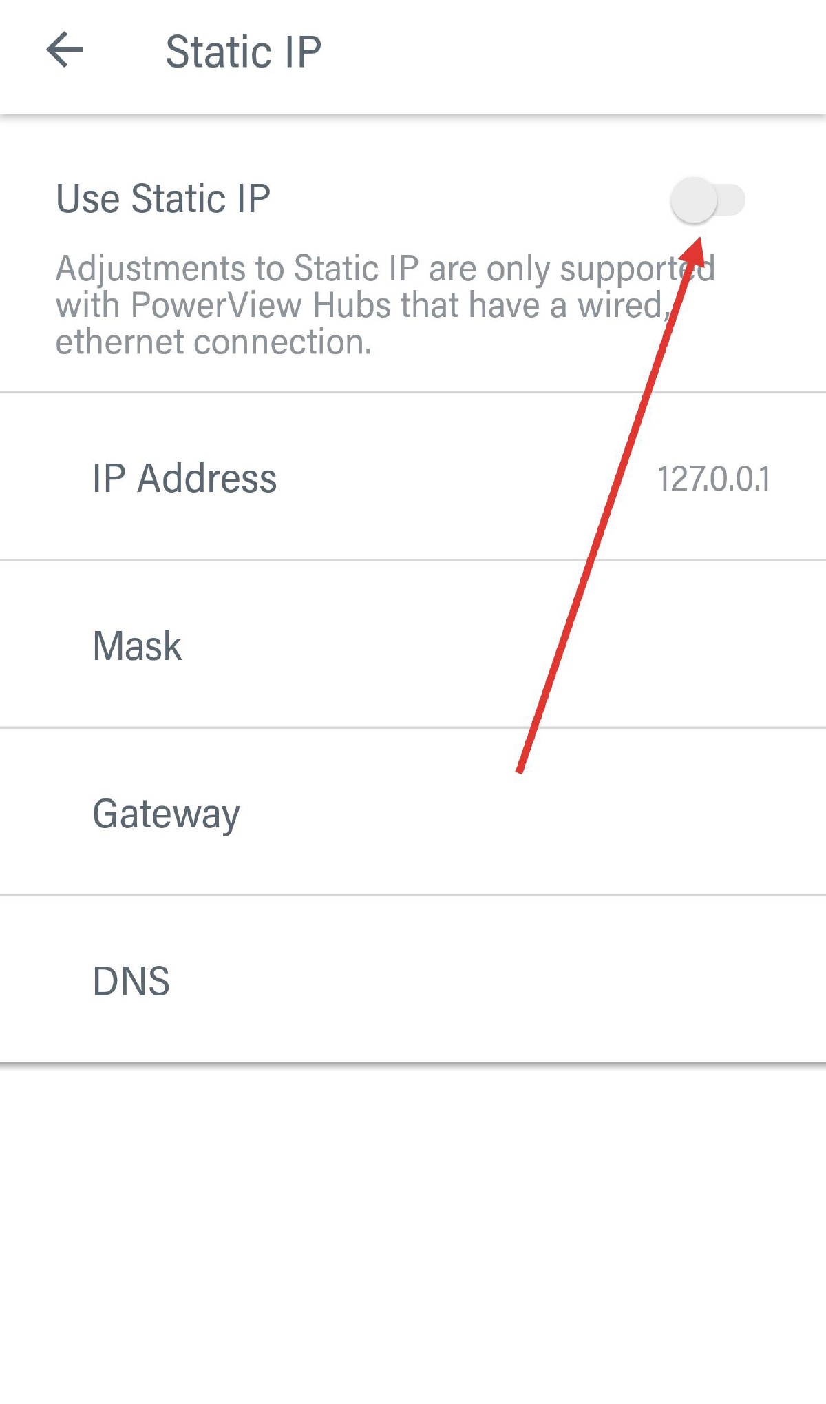 PowerView app Static IP screen — Use Static IP toggle