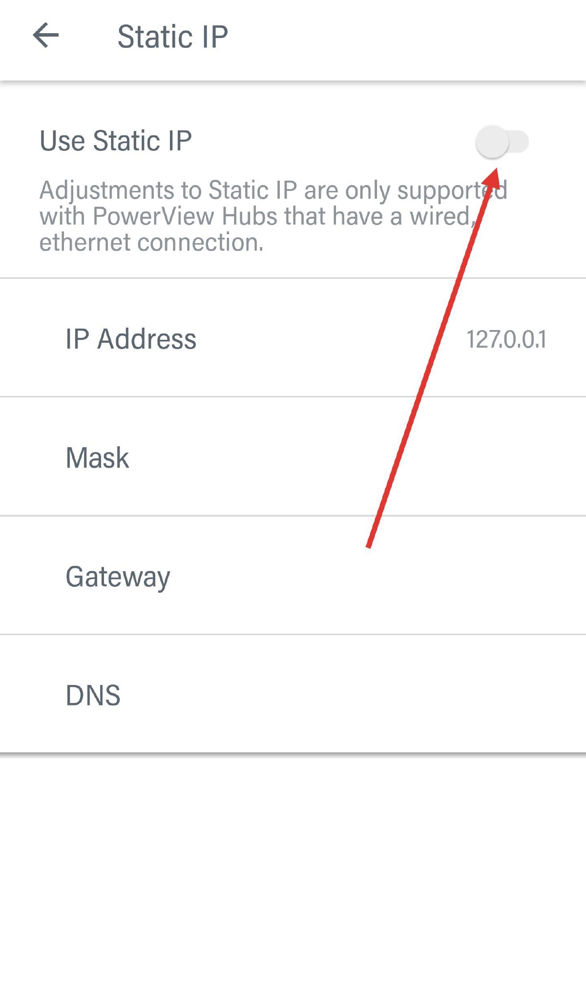 Obrazovka Static IP v PowerView aplikácii — prepínač Use Static IP