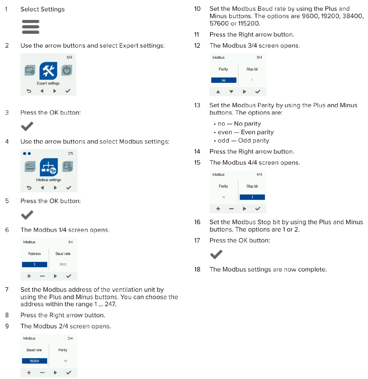 Panel MyVallox Control — obrazovky konfigurácie Modbus nastavení (adresa, prenosová rýchlosť, parita, stop bit)