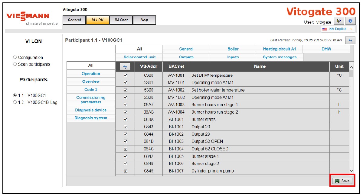 Výber LON dátových bodov vo webovom rozhraní Viessmann Vitogate 300 so zaškrtávacími políčkami