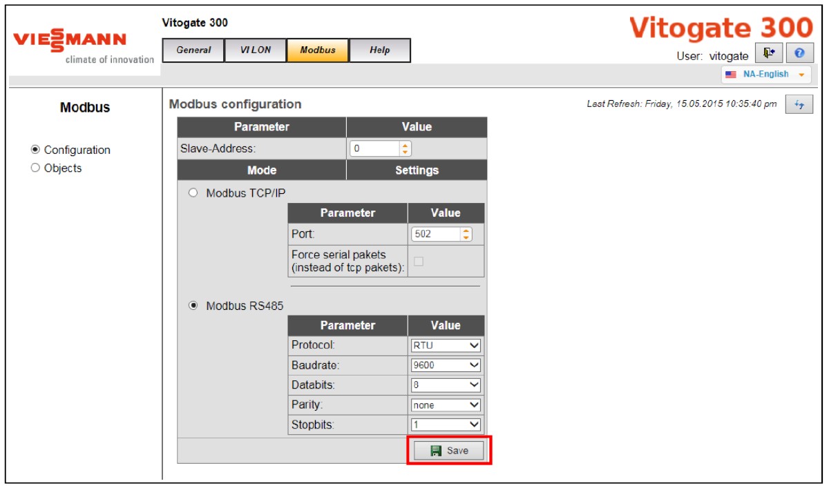 Viessmann Vitogate 300 Modbus configuration — slave address and RS-485 settings