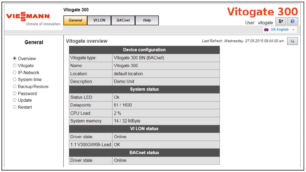 Viessmann Vitogate 300 web interface — general overview