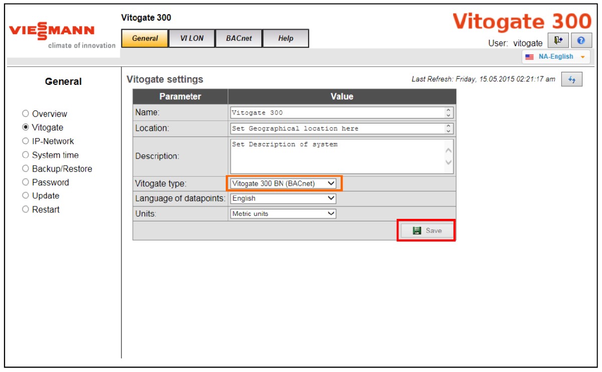 Viessmann Vitogate 300 web interface — Vitogate settings