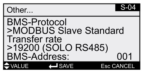 Wolf BMK programming module display — BMS-Protocol set to MODBUS Slave Standard, 19200 baud, address 001