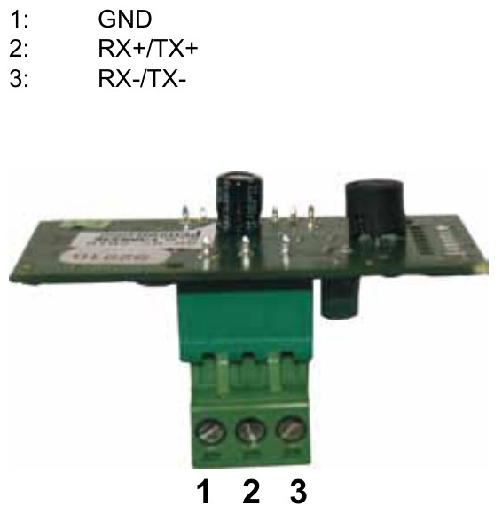 Wolf WRS-K RS-485 terminal block pinout — GND, RX+/TX+, RX-/TX-